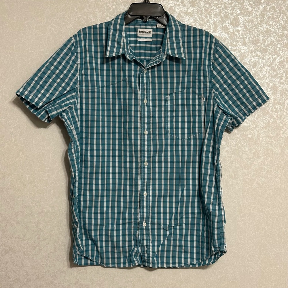 Timberland Plaid Shirt Short Sleeve Button Up Slim Fit Aqua Green & White XL
